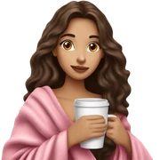 A pretty brunette girl with very long wavy hair in a pink blanket sipping coffee sticker