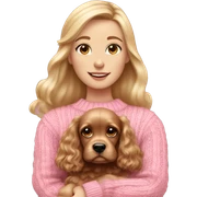 A beautiful blonde girl with brown eyes wearing a pink cable knit jumper and pink bow in her hair. She’s holding a brown cocker spaniel in her arms. sticker