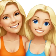 Two girls both have long blonde hair standing cheek to cheek on a beach with one girl wearing an orange shirt and the second girl wearing a tank top both have bright white teeth and smiling both have beautiful blue colored eyes sticker
