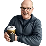 smiling boy with jacket cup sticker