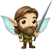 Male, forest fairy, fairy wings, long beard, pointed elf ears, long brown hair, vines, holding medieval sword sticker