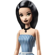 1920s black hair Silkstone Marie Antoinette Barbie Wednesday Addams from academy in a blue and black vertically-striped classic dress. riding hot rod bikes with crows sticker