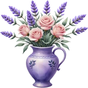 Watercolor painting of roses and lavender in a vintage vase, with light brushstrokes visible sticker