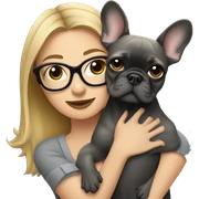 dark blonde woman with glasses hugging dark gray french bulldog sticker