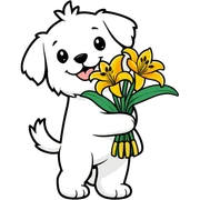 An illustration of a happy maltese dog carrying a bunch of yellow tiger lillies. sticker