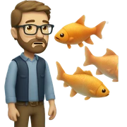 Caucasian man with brown hair and beard wearing glasses looking at big fish tank sticker
