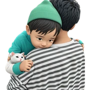 boy hugging cat under tree sticker