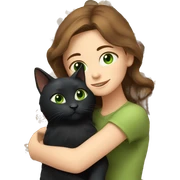 Blue-eyed, brown-haired girl hugging black cat with green eyes sticker