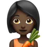 Dark skin girl with straight black hair holding a carrot sticker