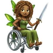 Female, forest fairy, fairy wings, African, pointed elf ears, box braid hair, vines, holding medieval sword, sitting in wheelchair sticker