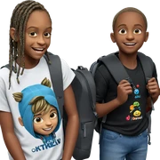 smiling boy with backpack sticker