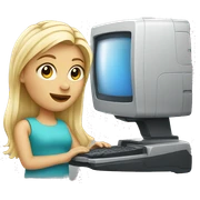 Blonde girl with computer and camera sticker