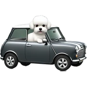 little white fluffy dog driving a dark- gray retro mini cooper 1600 CS with black wheels sticker