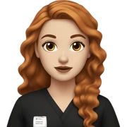 white girl. long wavy auburn hair. Black Scrubs. Makeup sticker