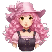 Faded pink hair 	•	Youthful facial features 	•	Magical girl-style hat 	•	Dress with lots of frills sticker
