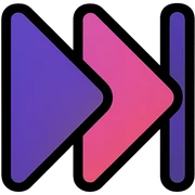 two left-pointing triangles or left-pointing triangle with vertical line previous symbol, purple and pink galaxy tones, orange neon glow border sticker