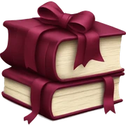 burgundy books stacked up and tied together by a burgundy bow sticker