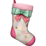 Coquette/cottage style Christmas stocking with pastel patchwork mini floral patterns and a pink bow sticker