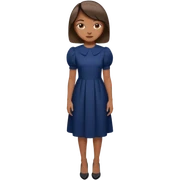 Menina pele parda, cabelo liso médio curto, roupa modesta, vestido azul marinho a baixo do joelho manga bufante pequeno,  salto preto sticker