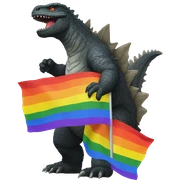 Godzilla playing with a rainbow flag sticker