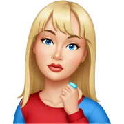 female, wearing red shirt, long mittle-blonde hair with thin bangs sticker