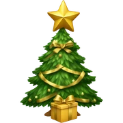 Christmas tree with golden ornaments, star on top and a golden bow sticker