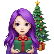 Girl, purple hair, Christmas tree on background with lights. And gift box on hand. Long hair sticker