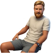 relaxed boy indoors with bag sticker