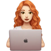 Long wavy red orange hair orange brown eyes beautiful face thick eyelashes pink lips gorgeous skinny fair skin white aesthetic tall girl working on laptop cozy sticker