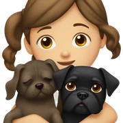 A girl with long brown hair hugs a black dog that looks like a pug. sticker