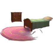 Very detailed view of Enid and Wednesday’s room at Nevermore Academy both girls beds carpeted floors walls and large octagonal window  sticker