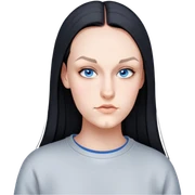 female, wearing grey sweatshirt, long black hair sticker