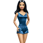 Barbie skipper. morticia Addams dressing and acting lounging around in saggy metallic blue silk voile shorts. sticker