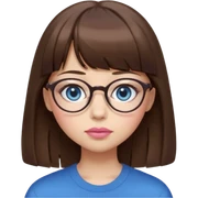 girl with medium brown hair, with fringe bangs ,and blue eyes , and glasses,  light to medium complexion, long lashes, almond shaped eyes, light pink lipstick,  round shaped face praying  sticker