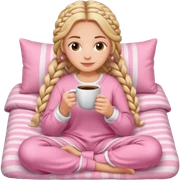 White girl with goddess braids holding a cup of coffee while snuggling in a cozy pink blanket and cute pink and white pajamas  sticker