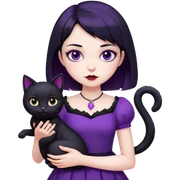 Cute vampire girl with short black hair wearing purple dress holding black cat sticker