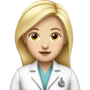 white girl with blonde flat hair wearing a lab coat sticker