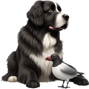 Newfoundland dog with a sea gull sticker