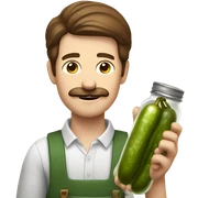 White man with brown hair and a mustache, holding a jar of pickles sticker