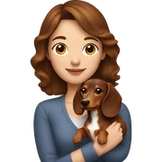 A woman with shoulder length brown hair holding a dachshund  sticker