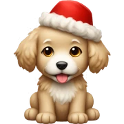 Beige fluffy puppy with a red hat sticker
