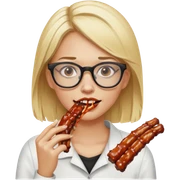 A women with hair blonde glasses eating a ribs sticker