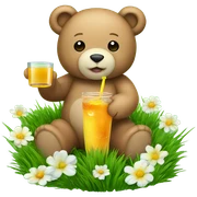Teddy bear drinking juice sitting on green grass with flowers  sticker