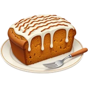 Delicate slice of pumpkin bread with cream cheese icing drizzle, styled on a dainty plate with a cinnamon sprinkle. sticker