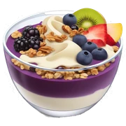 Açaí in a clear cup with layers of fruits and granola and condensed milk sticker