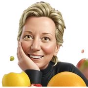 smiling woman enjoying fruit sticker