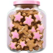 Realistic glass cookie jar with light pink lid full of gingerbread cookies isolated.  sticker