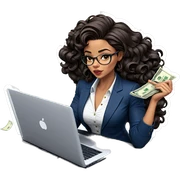 confident woman with laptop sticker