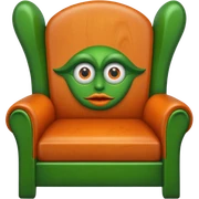 A Treen chair with a green nose green lips and two eyes with orange pupil sticker