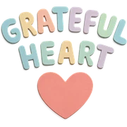 "Grateful Heart" soft pastel rainbow soft puffy lettering, cute hand-drawn font, no outline, transparent background sticker
